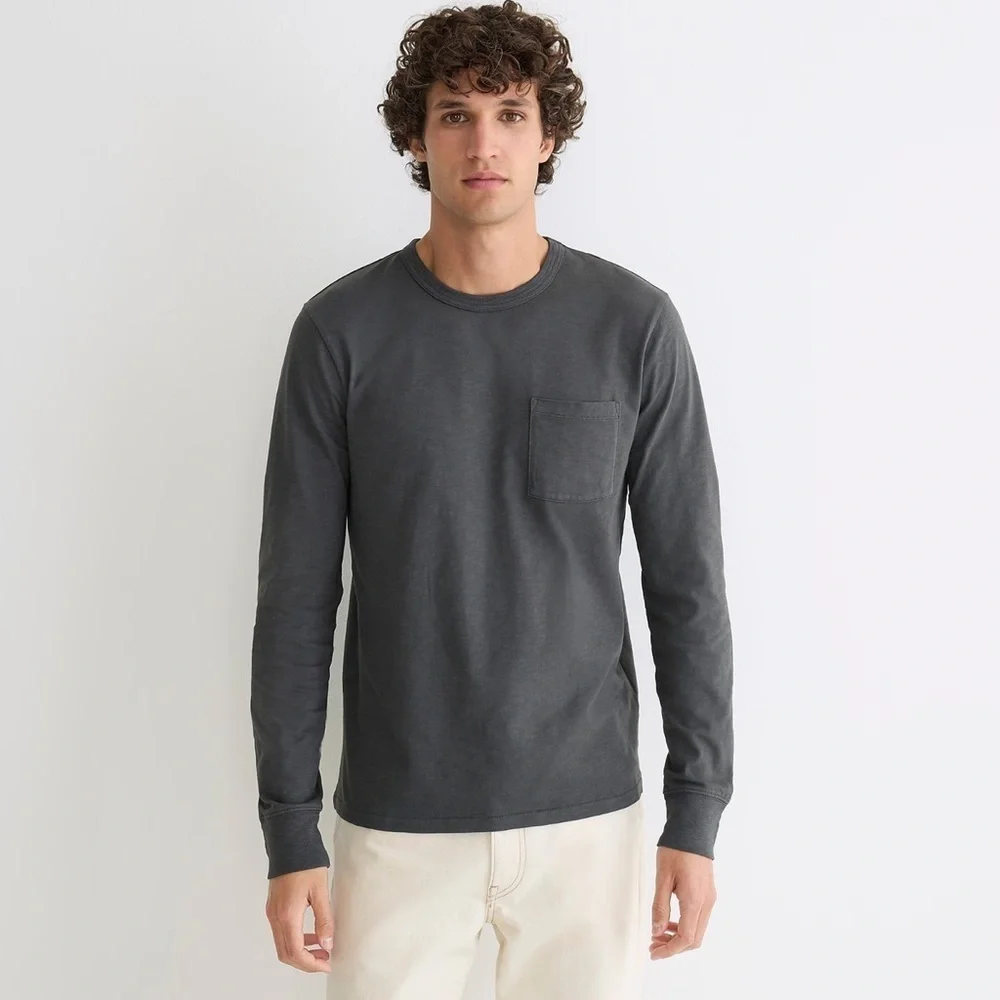 NEW J. Crew Garment-Dyed Slub Cotton Long-Sleeve Dark Gray T-Shirt w/ Pocket, XL